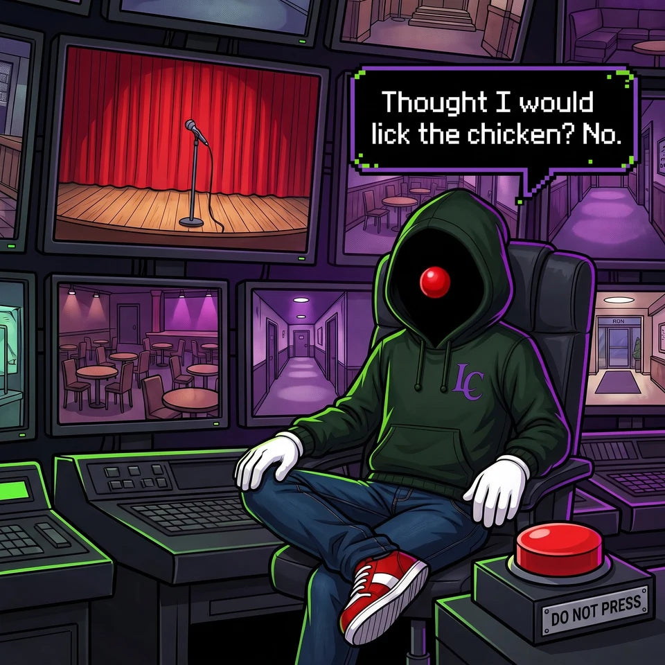 Laugh Creator seated in his command center, beside the Do Not Press button