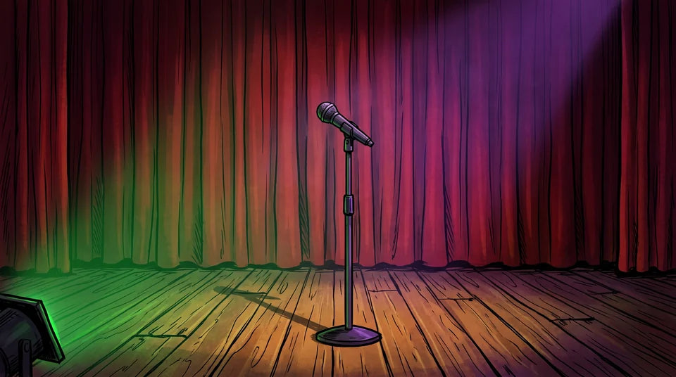 An empty MLFA comedy stage with a straight red curtain, wooden floor and one microphone, lit in green and purple.